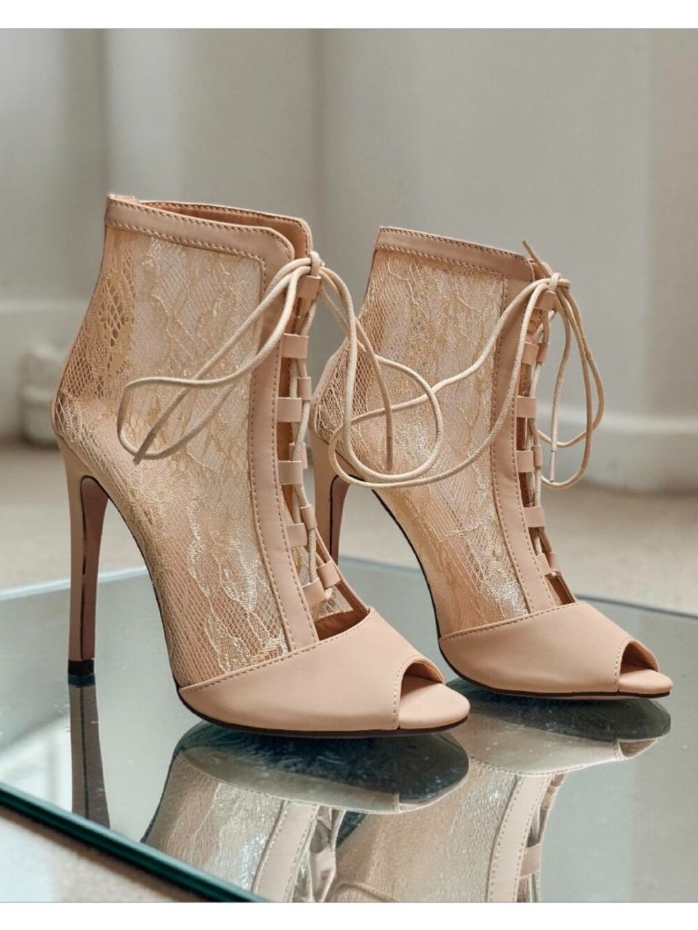 Peep Toe Lace-Up Stiletto Booties With Sheer Lace Panels Nude Beige High Heel An - Picture 2 of 12